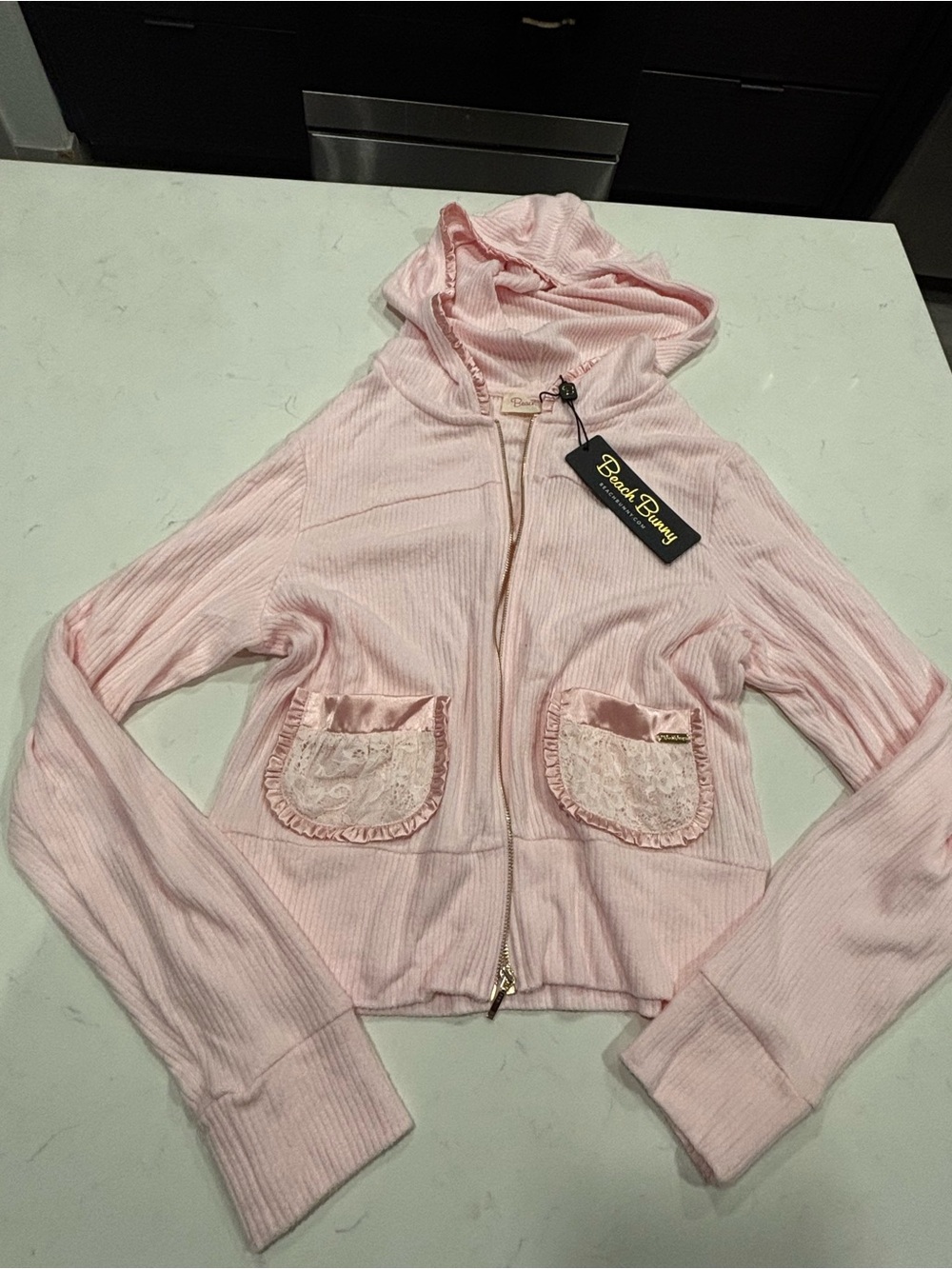 Beach Bunny Pale Pink Ribbed Hooded Zip Jacket